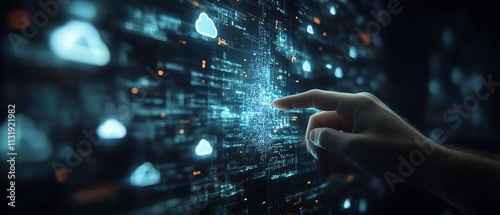 Man s finger tapping a digital screen displaying cloud icons surrounded by internet technology symbols, representing modern cloud computing solutions