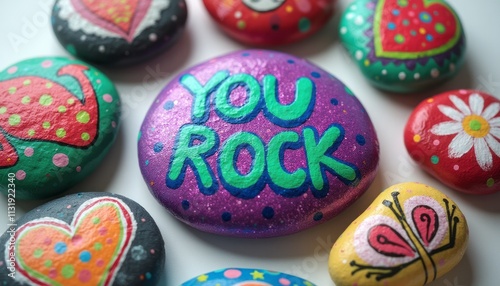 A collection of beautifully painted rocks showcases a central purple stone boldly declaring You Rock in bright green letters. Surrounding it are various colorful designs, including hearts, flowers