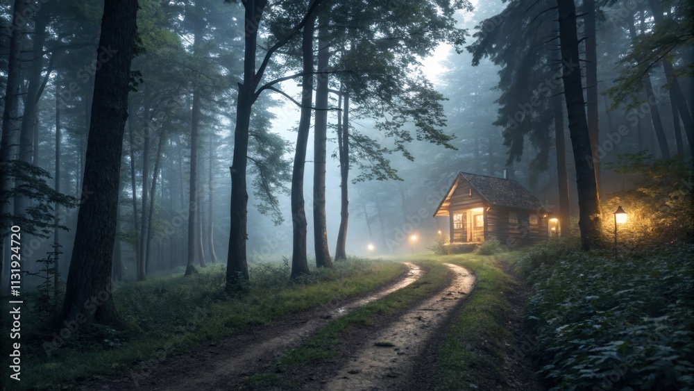 Naklejka premium Welcoming wooden cabin with glowing lights stands at the end of a winding path through a misty, atmospheric forest at night, creating a serene and mysterious ambiance