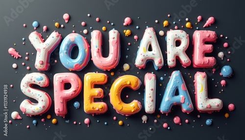 The vibrant text You Are Special is crafted from glossy, balloon-like letters in pink, blue, and orange, surrounded by playful sprinkles. This cheerful design radiates positivity and joy, making it