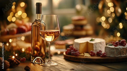 Elegant Sweet Wine Bottle and Glass on Wooden Table with Cakes and Cheeses photo