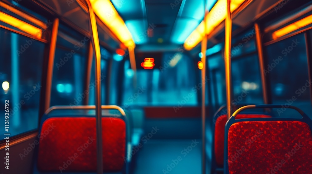 Fototapeta premium Serene and Quiet Empty Nighttime City Bus Interior with Lights : Generative AI
