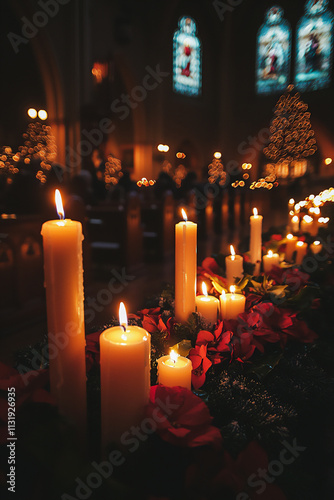  A serene image of a Christmas Eve candlelight service in a church, with congregants holding lit candles and singing hymns, photo