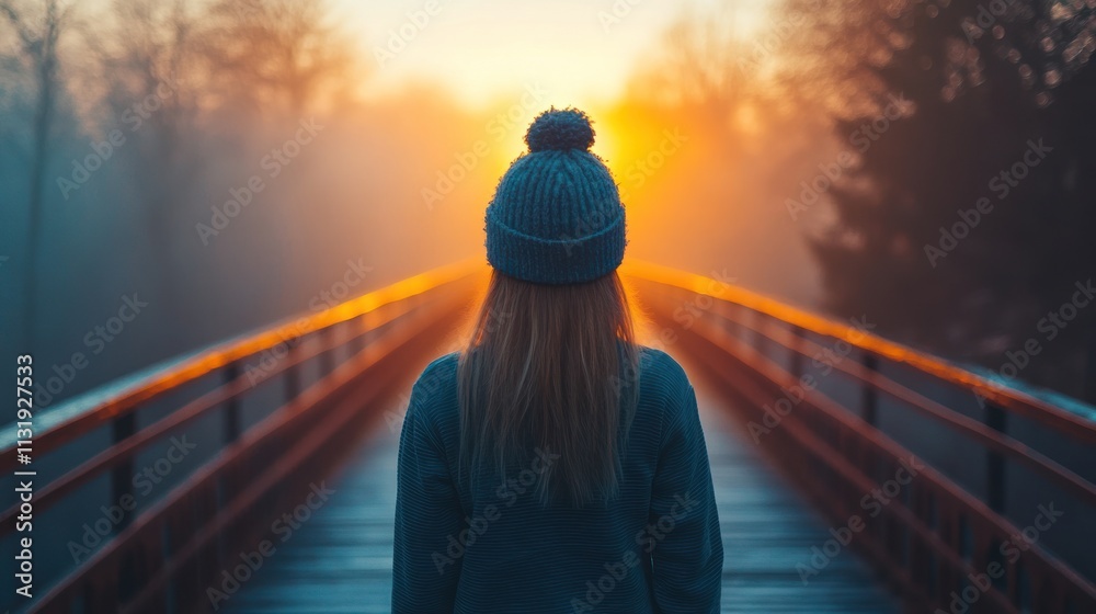 Fototapeta premium A woman in a sweatshirt and a wool hat stands on a bridge at dawn in a misty park. Soft fog covers the ground and the trees in the distance, adding to the magical atmosphere.