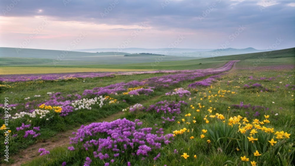 Fototapeta premium Dirt road crossing colorful blooming meadows with yellow and purple flowers at sunset in spring, rolling hills and pastel colored sky in the background