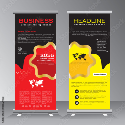 Business Roll up banner vertical template design with gold line, Vertical banner design for business, with red and yellow colour, modern x-banner and flag-banner advertising. Vector eps 10