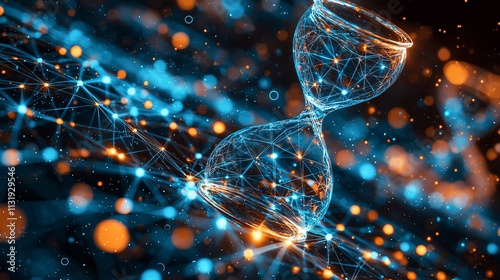 Abstract hourglass of glowing particles and lines.