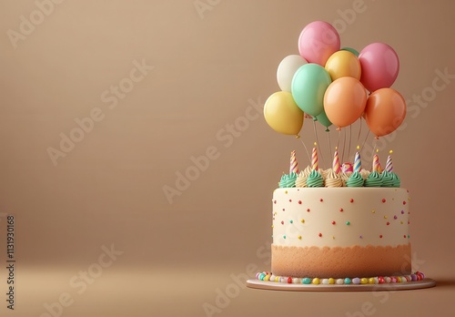 Festive Birthday Cake Decorated with Colorful Balloons and Candles Set Against a Minimalist Background, Perfect for Celebration and Party Themes photo