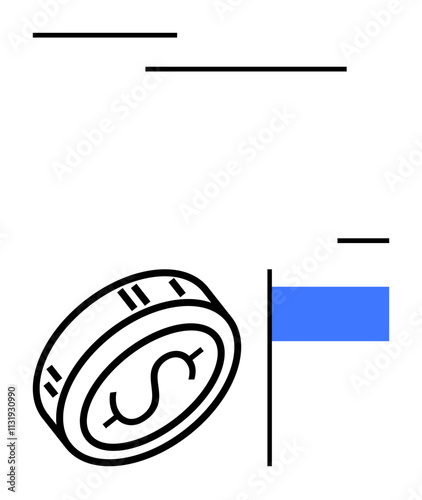 Dollar coin rolling towards a blue flag with abstract horizontal lines. Ideal for finance, investment, savings, economics, business goals, growth, progress. Line metaphor