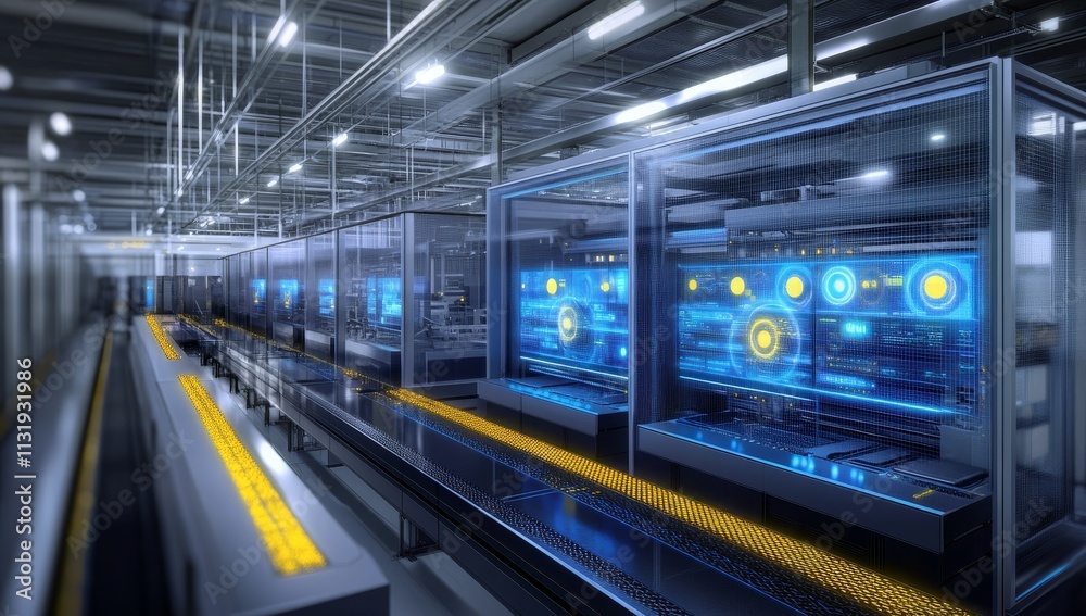 Fototapeta premium Futuristic smart factory with automated production line and digital displays showing real-time data.