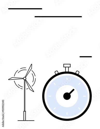 Wind turbine and stopwatch highlight balance in renewable energy and efficient time use. Ideal for sustainability, efficiency, clean energy, eco-friendly, time management, balance, environmental