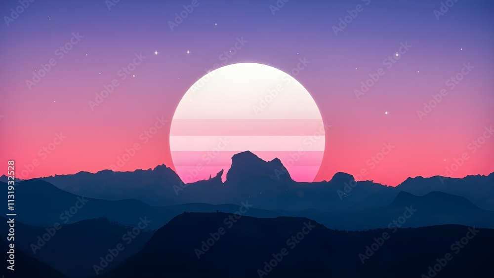 Obraz premium Minimalist mountain silhouette against a pastel pink sunset evoking tranquility and simplicity ideal for modern art and serene landscapes