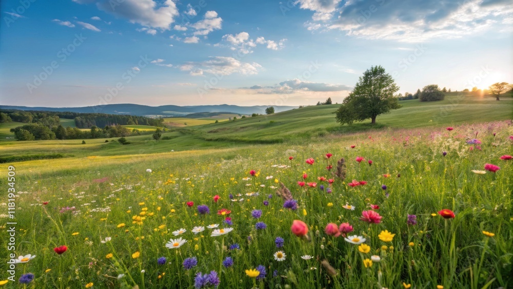 Obraz premium Colorful wildflowers blooming in a vibrant meadow, creating a picturesque countryside landscape during a beautiful sunset, with rolling hills and trees in the background