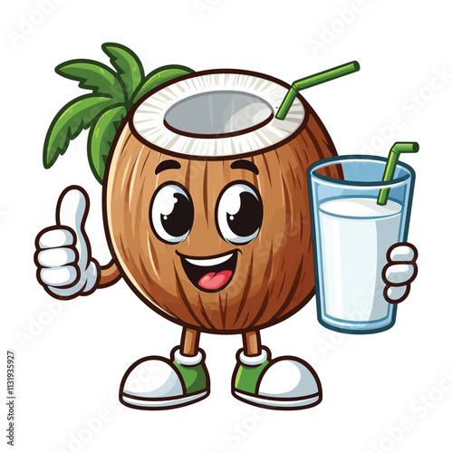 Cute Cartoon healthy Coconut character giving a thumbs up ,colorful vector illustration, isolated on white background 