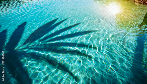 Abstract background palm leaf shadow from above over transparent water surface with sunlight reflection top view travel and wellbeing.Generative AI
