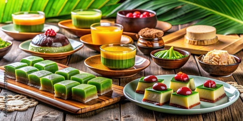 Savor Malaysia's diverse dessert landscape: rich chocolate jelly, chewy Kuih Koci, and creamy Kuih Tepung Pelita. photo