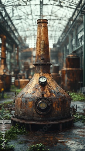 Rusty old copper distillery still in abandoned factory.