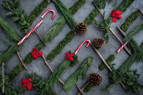 A stylish flat lay with alternating diagonal candy canes, pinecones, small red bows, and green garland pieces for a clean, balanced design. photo