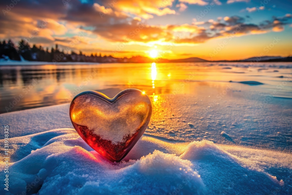 Fototapeta premium Valentine's Day dawns: a heart of ice sculpted on a pristine, snowy lake.