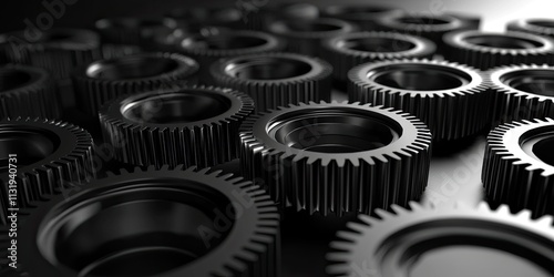 Detailed 3D gears are arranged in a symmetrical pattern on a digital canvas, with sharp lighting and shadows enhancing their structure. The scene evokes a sense of precis
