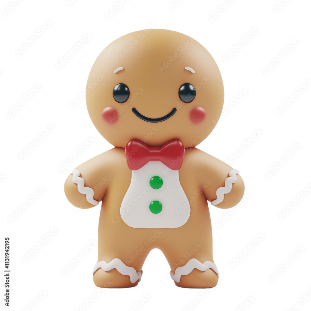 Obraz premium Adorable gingerbread man in 3D front view with a bow tie, featuring red, green, and white festive colors. Perfect for holiday-themed designs and cheerful seasonal concepts.