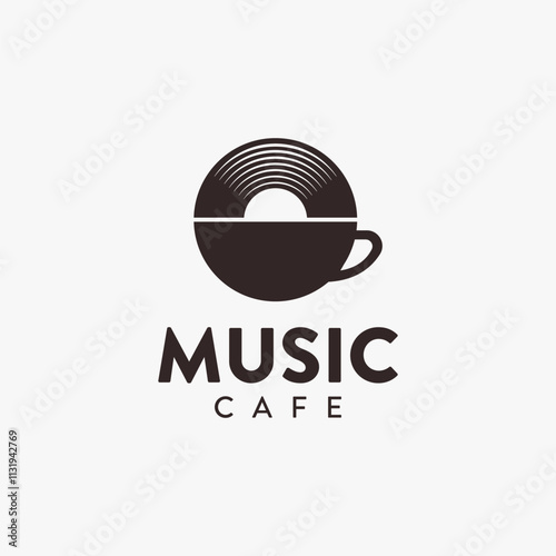 Cup and vinyl illustration, music cafe logo vector on white background