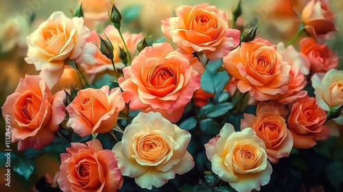 Vivid Close-Up Blooming Roses in Orange Pink Cream Impressionism Floral Background