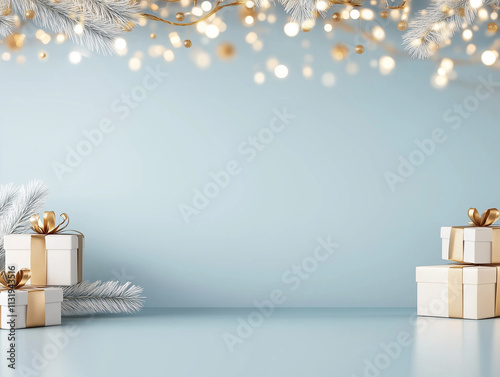 Christmas banner, Xmas sparkling lights garland with gifts box and golden tinsel. Horizontal christmas posters, greeting cards, headers, website.