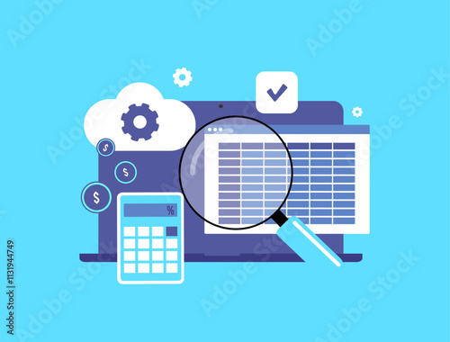 Cloud-based accounting - financial audits, budget analysis, profit tracking, automated calculations, data storage and secure cloud tools for managing finance and generating ai reports illustration
