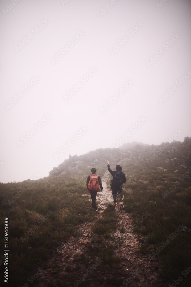 Obraz premium People, hiking and outdoor mountain to explore, extreme terrain and nature for winter adventure. Back, friends and trekking journey on remote vacation, pointing and mockup space or together with dog