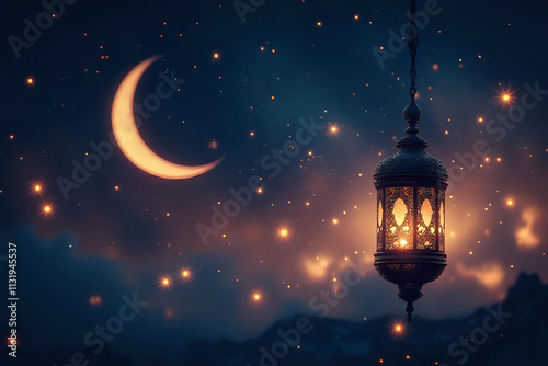 Ramadan Kareem greeting. Islamic lantern on night sky with crescent moon and stars. End of fasting. Hari Raya card. Eid al-Fitr decoration. Breaking of holy fast day. Muslim holiday photo