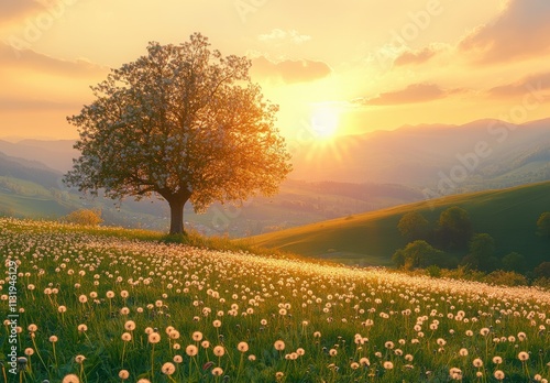 Wallpaper Mural Serenity of a Sunset Landscape with Dandelions and a Majestic Tree Surrounded by Hills, Capturing Nature's Beauty in a Peaceful Moment Torontodigital.ca
