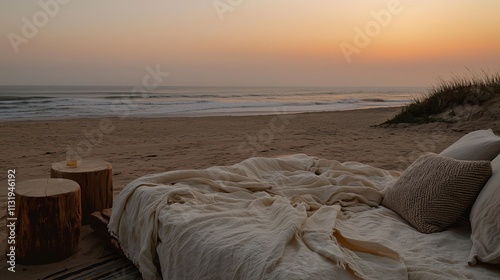 Cozy beach setup at sunset with soft blankets and wooden stools.