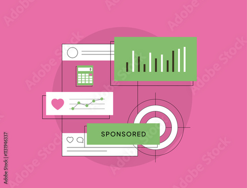 Influencer marketing strategy. Social media posts, sponsored content and collaboration. Social media branding partnerships and influencer audience engagement. Isolated modern vector illustration