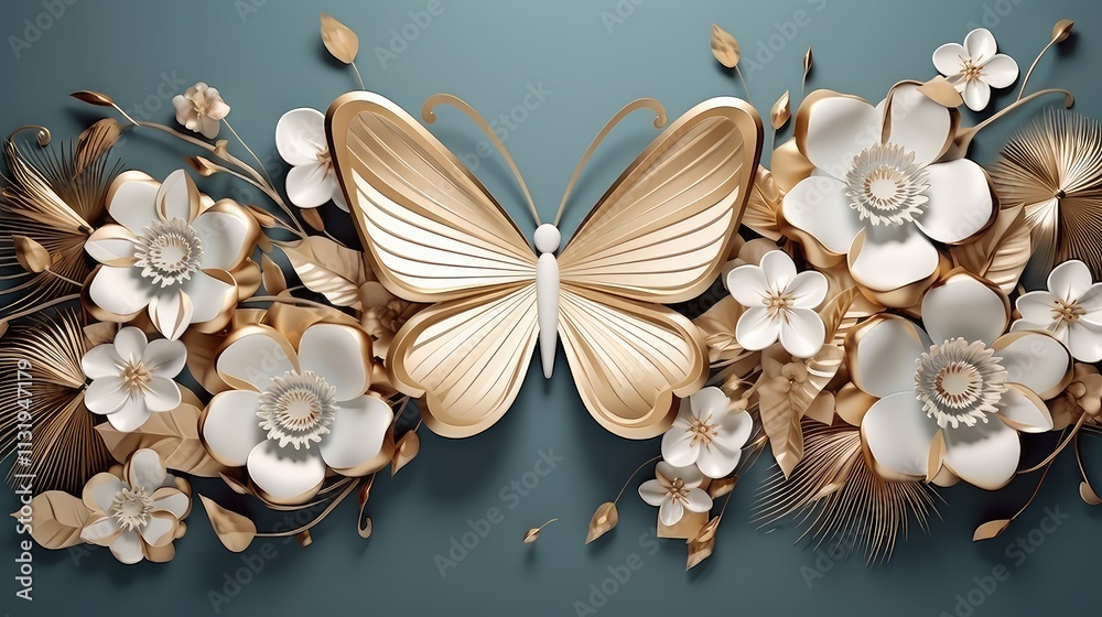 Obraz premium Elegant Gold Butterfly amidst White Flowers and Tropical Leaves