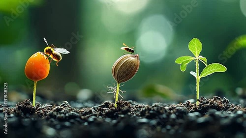 Close-up of plant life stages, a sprout, seed pod with a bee.