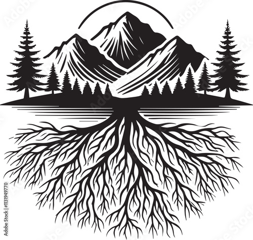 Roots merging with mountain silhouettes vector illustration