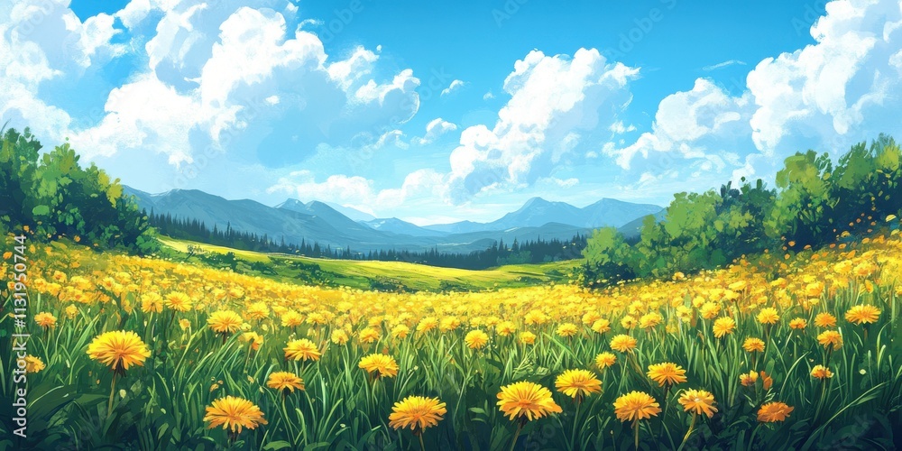 Obraz premium Vibrant Landscape with Blooming Dandelions and Majestic Mountains Under a Bright Blue Sky Full of Fluffy White Clouds Capturing Nature's Serenity and Beauty