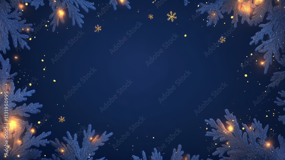 Fototapeta premium A festive navy design with intricate white snowflakes and shiny gold sequins radiating from the edges, creating an empty space in the middle realistic