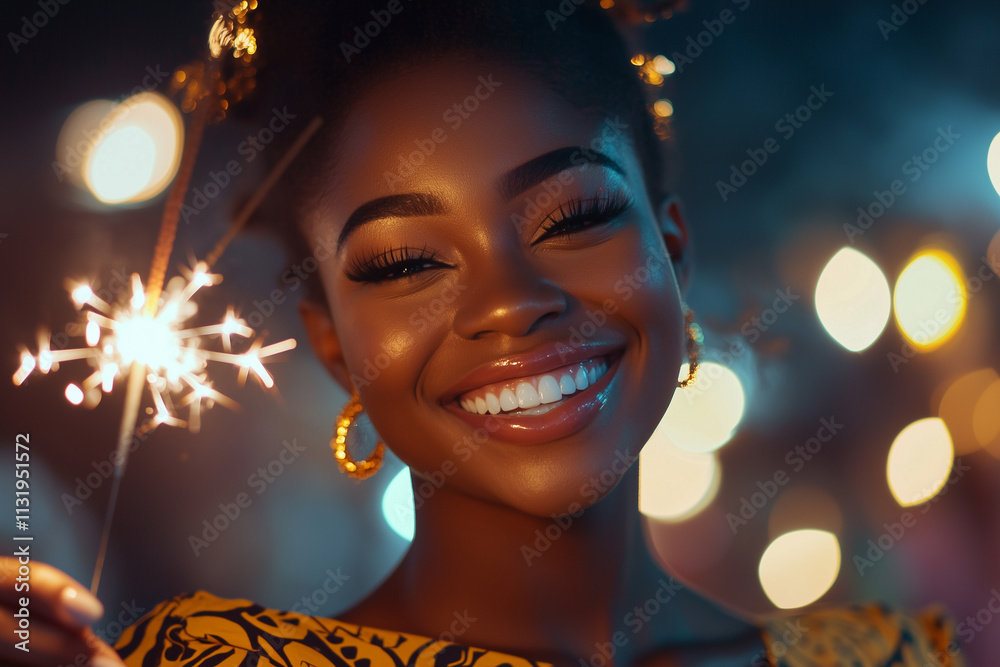 Young african woman holding sparkle fireworks.