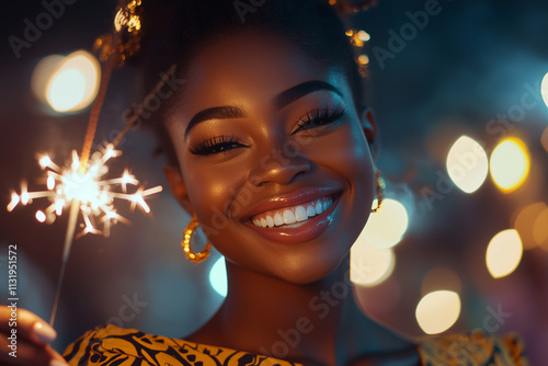 Obraz na płótnie Young african woman holding sparkle fireworks. w salonie