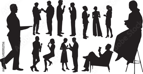 Group of people at a party standing gathering and talking and drinking wine