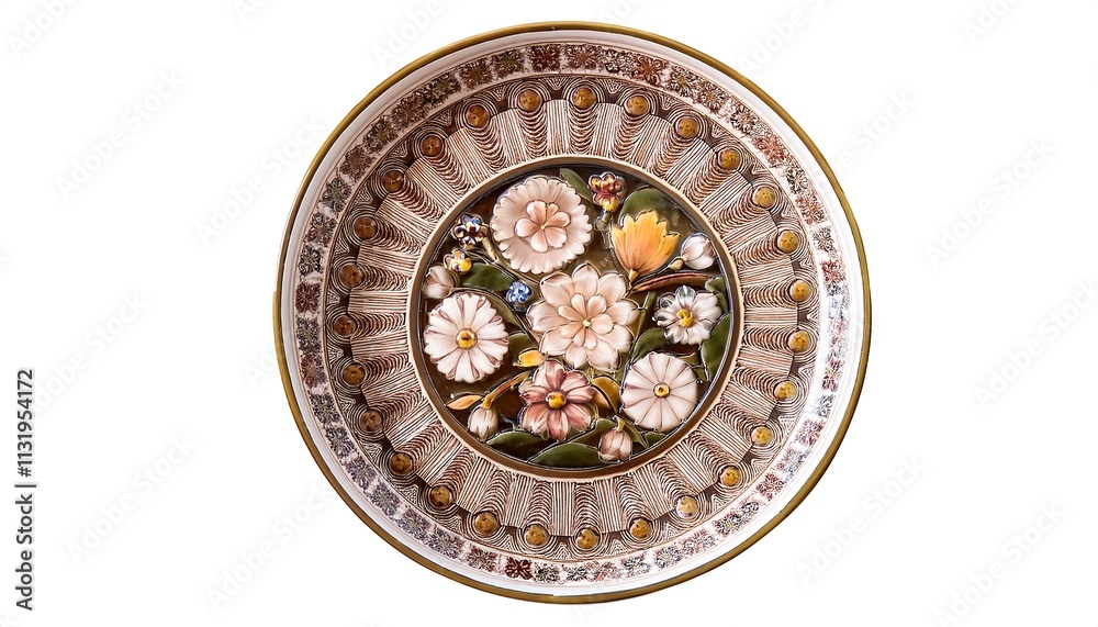 Obraz premium Scalloped circular design with geometric patterns and flowers on transparent background.