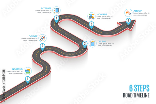 Isometric navigation map infographic 6 steps timeline concept.