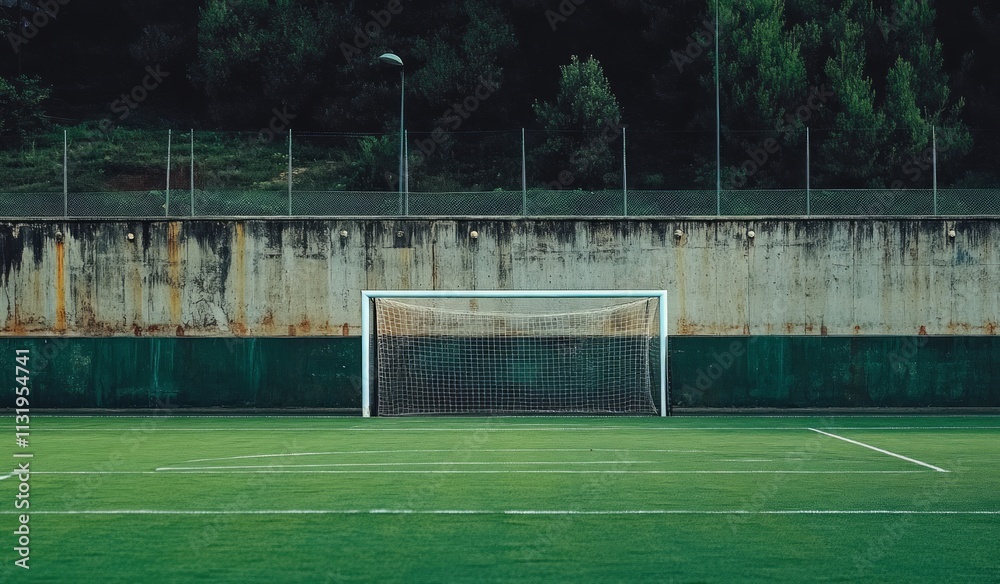 Fototapeta premium Empty Soccer Goal on a Green Field - A Peaceful Sport Scene