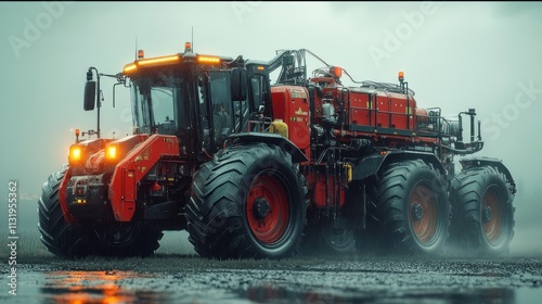 Powerful red six-wheel drive agricultural tractor in foggy field. photo