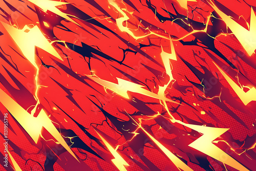 A vibrant, abstract background featuring red and yellow lightning bolts and cracked textures.