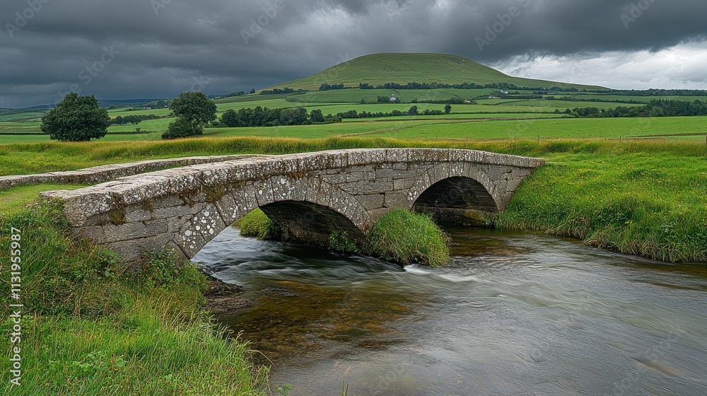 Fototapeta premium Stone bridge over stream, hill, and stormy sky.