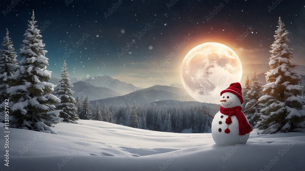 Obraz premium Winter Wonderland: Snowman Under the Full Moon