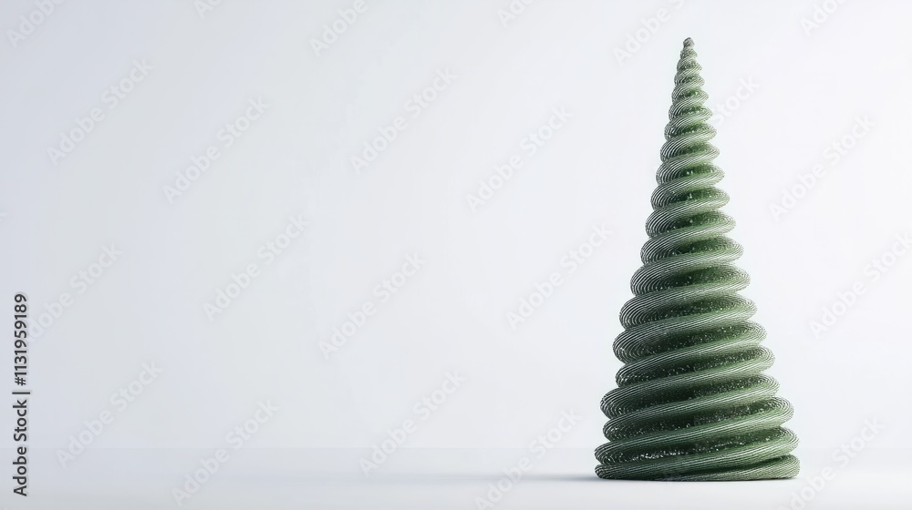Obraz premium A minimalist 3D rendering of a Christmas tree with spiral ornaments, isolated on a plain white surface -